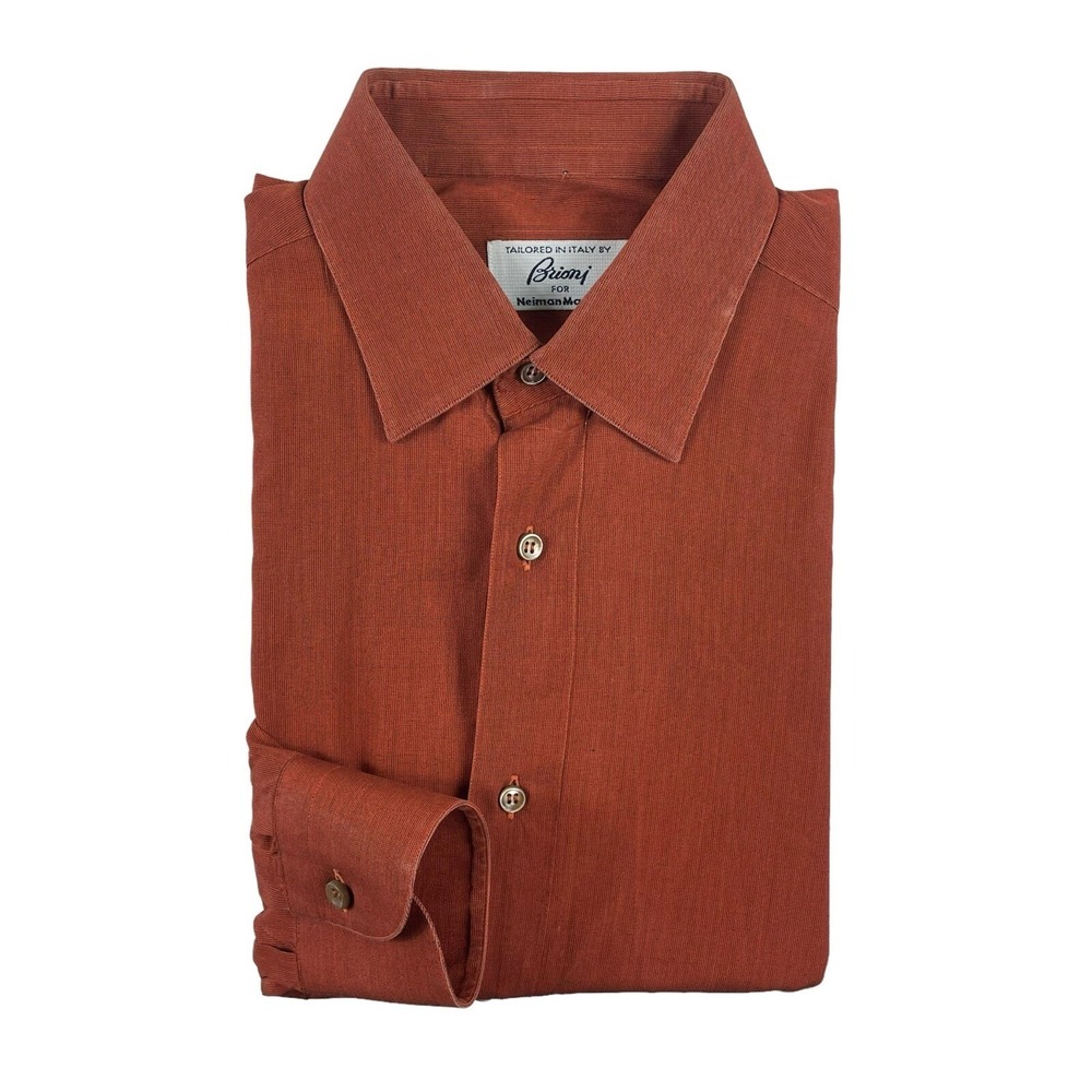 Brioni Orange Blue Microcheck Cotton Button Up Shirt Mens 14.5 R Italy